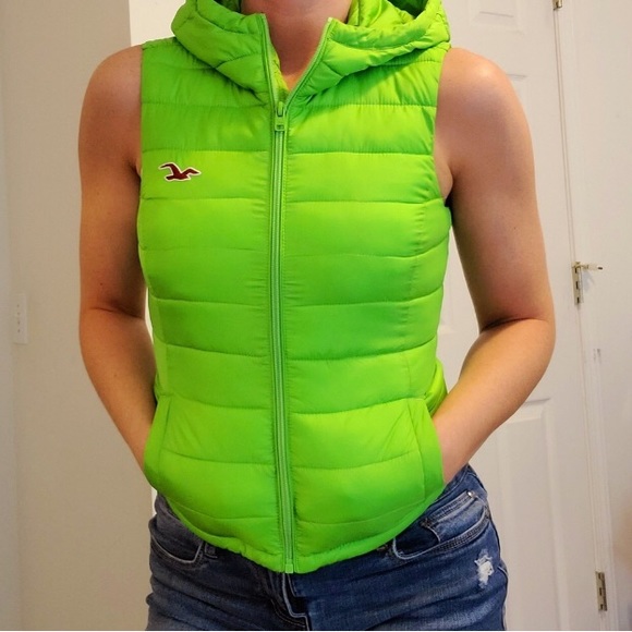 Hollister Women’s size XS green lime hoodie vest full zip pockets comfy warm - Picture 2 of 5